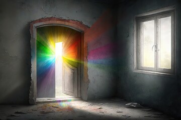 Wall Mural - A Window of hope, represented with an intense multicolor light entering from a window, seen from inside a deteriorated and broken room, inviting to see outside for answers and clarity, generative ai