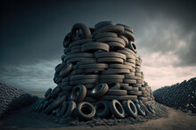 A Pile Of Old Used Car Tires In A Junkyard. Created With Generative AI.