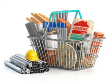 Shopping Basket Full Of Construction Materials And Tools With Calculator.