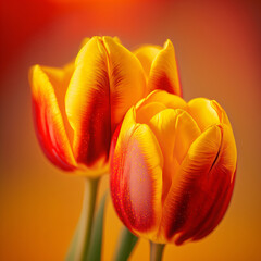 close up shot of two red and yellow isolated tulips flowers in the wild.  macro shot of two red and yellow blooming tulips isolated. Generative Ai