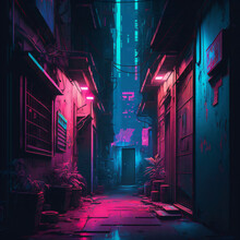 Pink And Blue Neon Lights On A City Alley. Neo-noir Pink And Blue Style City Street. Cyberpunk Style Dark Alley With Pink And Blue Gradient Neon Lights. Generative Ai