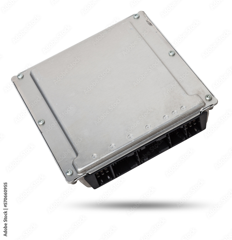 Metall car engine control unit on a white isolated background is the ...