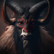 portrait of an evil four horned goat satyr monster with red paint all over its black face isolated on a black background Generative Ai