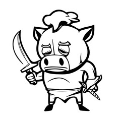 Cartoon evil pig with knife in hand on white background for coloring. Vector illustration