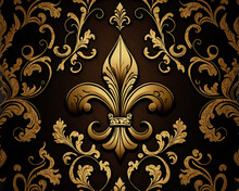 Pattern With A Golden Fleur-De-Lis Symbol And Foliage Ornament On A Brown Background. Created With Generative AI.