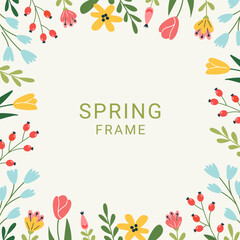Wall Mural - Spring floral square background. Floral frame. Lovely spring summer flowers. Vector template for card, banner,  invitation, social media post, poster, mobile apps, web ads