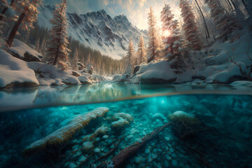 Winter nature landscape. Winter river in snow forest landscape. Frozen river water in winter. Generative AI