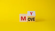 © Natallia - My Move symbol. Turned wooden cubes with words My Move. Beautiful yellow background. Business and My Move concept. Copy space