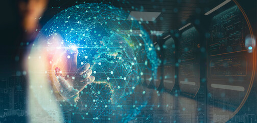 Leinwandbilder - Businesswoman pushing abstract mesh dot grow earth and global online networking connection with data exchanges, global communication network security concept