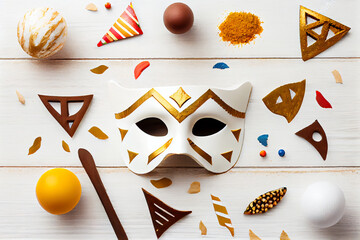 3D illustration of Purim celebration concept with Jewish carnival holiday over wooden white background. View from the top, flat lay.