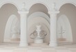 Pastel abstract composition with chess pieces, white marble columns and archs on a chessboard.White queen on the podium. Abstract strict geometric architecture scene with chess, 3D modern template