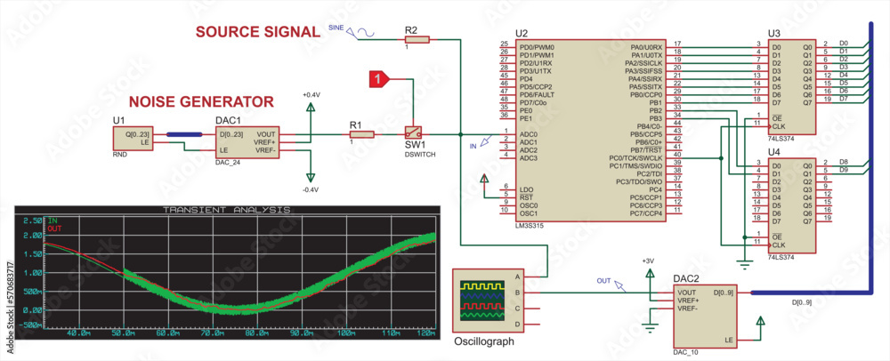Schematic diagram of electronic device.
Vector drawing electrical circuit with resistors, 
microcontroller, microchips, oscilloscope, noise generator,
source signal and other electronic components.