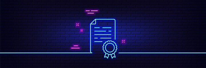 Poster - Neon light glow effect. Certificate diploma line icon. Document file page sign. Office note symbol. 3d line neon glow icon. Brick wall banner. Certificate diploma outline. Vector