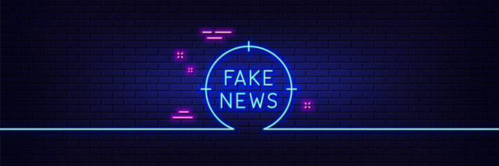 Poster - neon light glow effect. fake news line icon. propaganda conspiracy target sign. wrong truth symbol. 