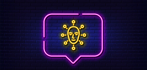 Poster - Neon light speech bubble. Face biometrics line icon. Facial recognition sign. Head scanning symbol. Neon light background. Face biometrics glow line. Brick wall banner. Vector