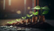 a row of stacks of coins with a plant growing out of them. Tree leaf on save money coins, Business finance saving banking investment concept. Generative AI