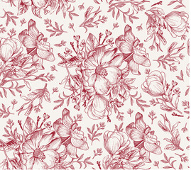 Wall Mural - Seamless pattern. Dogrose Rosehip Wild rose. Beautiful fabric blooming realistic isolated flowers. Vintage background. Wallpaper baroque retro. Drawing engraving sketch. Vector victorian Illustration 