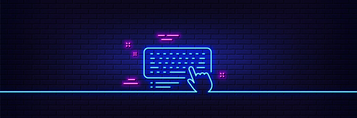 Poster - Neon light glow effect. Keyboard line icon. Computer component device sign. 3d line neon glow icon. Brick wall banner. Computer keyboard outline. Vector