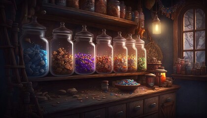 Canvas Print - Old and magical sweet shop. Generative AI.
