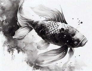 Watercolor illustration of Black Koi Carp fish on white background with a black color splash. Generative AI.