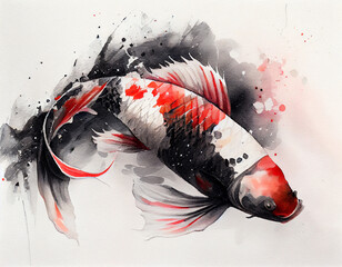 Wall Mural - Watercolor illustration of Black and Red Koi fish on white background with a black color splash. Generative AI.