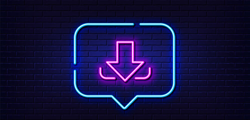 Poster - Neon light speech bubble. Download Arrow line icon. Down arrowhead symbol. Direction or pointer sign. Neon light background. Download glow line. Brick wall banner. Vector