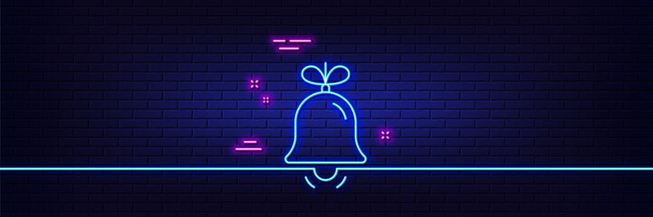 Wall Mural - Neon light glow effect. Christmas bell line icon. New year tree decoration sign. 3d line neon glow icon. Brick wall banner. Bell outline. Vector