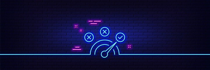 Wall Mural - Neon light glow effect. Correct answer line icon. Speedometer concept sign. Check symbol. 3d line neon glow icon. Brick wall banner. Correct answer outline. Vector