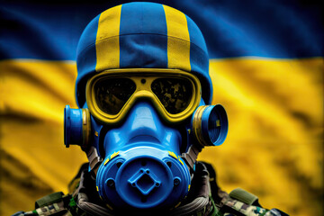 Wall Mural - Portrait of a Ukrainian Military Man with a Gas Mask Against a Blue and Yellow Ukrainian Flag Background Generative AI Photo