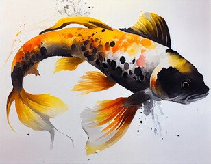 Wall Mural - Watercolor illustration of a Koi Carp fish in Black, white, and Gold pattern on a white background. Generative AI.