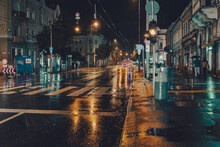Wet Rainy Street At Night In Budapest Hungary