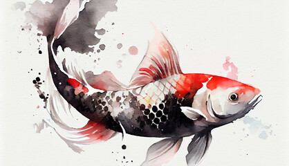 Wall Mural - Watercolor illustration of Koi Carp fish on white background with a dark color splash. Generative AI.