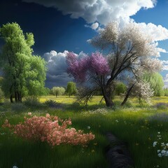 Poster - Beautiful meadow in spring as a digital illustration (Generative AI)