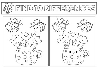 Sticker - Garden black and white kawaii find differences game. Coloring page with cute bees and flowers in pot. Spring holiday puzzle or activity for kids. Printable what is different worksheet.