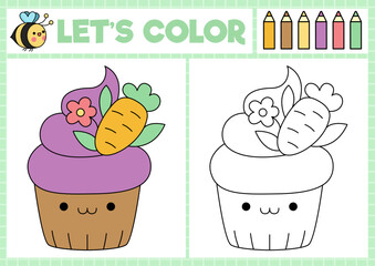 Wall Mural - Easter coloring page for children with cute kawaii cupcake with carrot. Vector spring holiday outline illustration. Color book for kids with colored example. Drawing skills printable worksheet.