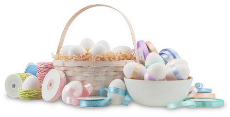 Wall Mural - Happy Easter decorations, basket eggs with light pastel colored bright ribbons bows and string, isolated on transparent background, banner for gift greeting card or advertising promo shopping sale.