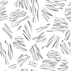  abstract shapes, spots and stripes black on white. seamless monochrome pattern.
