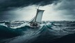  a sailboat in the middle of a stormy ocean with a dark sky above it and a boat in the middle of the ocean with a white sail.