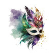 Mardi Gras festive carnival mask with feathers isolated on transparent background, watercolor painting Generative AI illustration