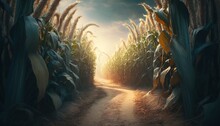  A Painting Of A Corn Field With The Sun Shining Through The Corn Stalks On The Right Side Of The Picture, And A Dirt Path Leading To The Left.  Generative Ai