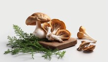  A Group Of Mushrooms Sitting On Top Of A Wooden Cutting Board Next To A Bunch Of Green Leaves And A Couple Of Mushrooms On A White Surface.  Generative Ai