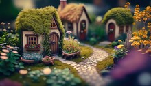Cute Fairy House Village Garden With Cute Pebble Paved Road, Generative Ai