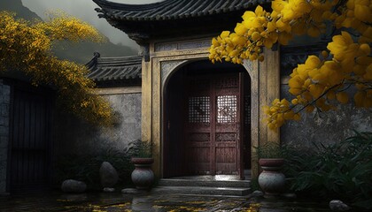  a painting of a chinese building with yellow flowers in the foreground and a full moon in the sky in the background with a dark sky.  generative ai