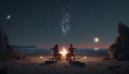  two people sitting around a campfire on a beach at night with the moon in the sky and stars in the sky above them,.  generative ai