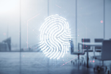 Aufkleber - Multi exposure of virtual creative fingerprint hologram on a modern meeting room background, personal biometric data concept
