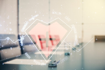 Poster - Abstract virtual heart rate sketch on a modern boardroom background, Medicine and healthcare concept. Multiexposure