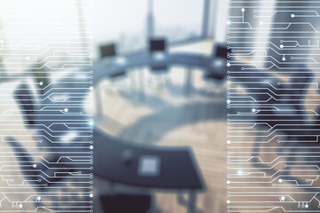 Aufkleber - Abstract virtual microscheme illustration on a modern conference room background. Big data and database concept. Multiexposure
