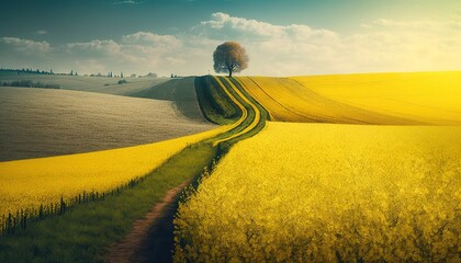 Wall Mural -  a yellow field with a lone tree in the middle of the field and a path leading to the top of the hill in the distance.  generative ai