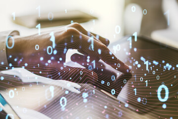 Aufkleber - Creative abstract binary code hologram and finger presses on a digital tablet on background, AI and machine learning concept. Multiexposure