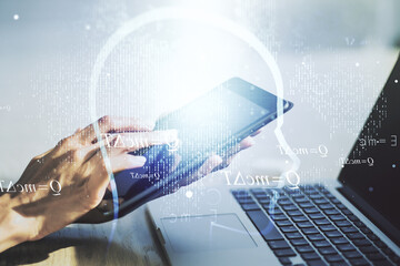 Aufkleber - Creative artificial Intelligence concept with human head sketch and finger presses on a digital tablet on background. Double exposure